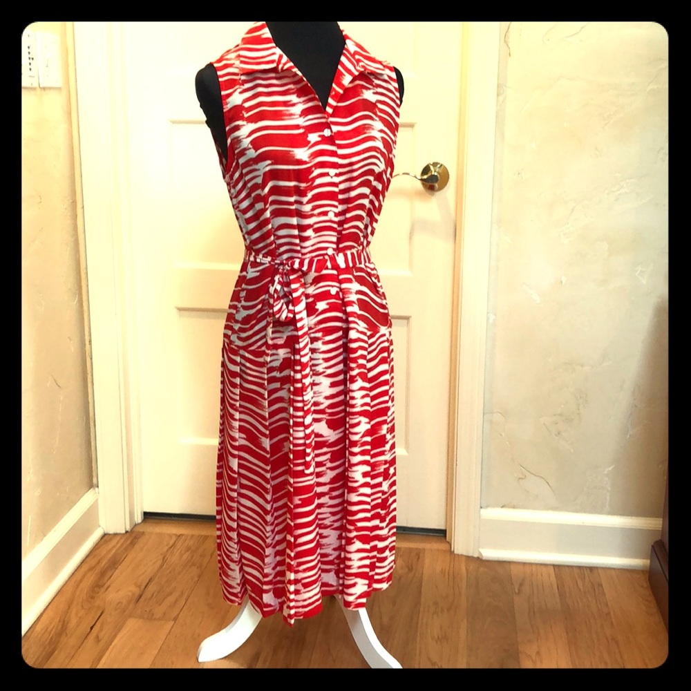 Cabi Style #281 in coral red and cream sleeveless dress
